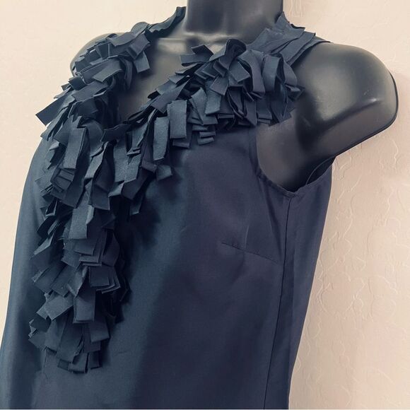 J Crew 100% Silk Navy Blue V Neck Ruffle Sleeveless Feminine Popover Blouse XS 0 - Picture 1 of 9